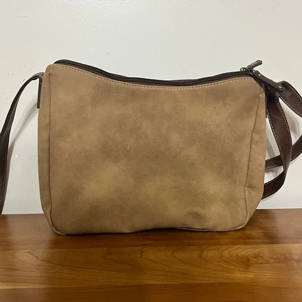 BOC Born Concept Crossbody Bag‎ Tan Faux Suede Brown Trim Stitched Messenger Bag